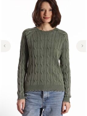 $202  Minnie Rose Cotton Stone Wash Distressed Cable Crewneck Sweater